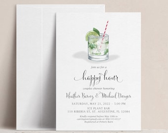 Happy Hour Couples Bridal Shower Invitation, Cocktail Party Wedding Shower, Birthday Party, Rehearsal Dinner, Mojito Tropical Island Pool