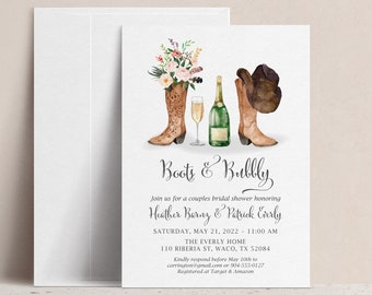 Boots & Bubbly Country Western Couples Wedding Shower Invitation, Floral Bridal Shower Invite, Breakfast Brunch Cowboy Boot Nashville Shower