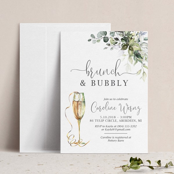 Brunch & Bubbly Bridal Shower Invitation, Greenery Wedding Shower Invite, Eucalyptus Champagne Brunch Invite, Couples Engagement Breakfast