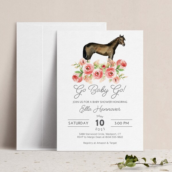 Go Baby Go! Baby Shower Invitation, Equestrian Horse Racing Couples Shower Invite, Kentucky Derby Thoroughbred Baby Girl Sprinkle Invite