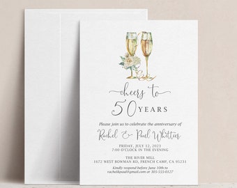 Champagne Cheers to 50 Years! Anniversary Party Invitation, Birthday Milestone Dinner Invite, Elegant Simple Floral Hydrangea Celebration