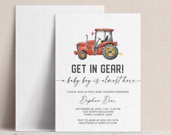 Get in Gear! A Baby Boy is Almost Here, Baby Shower Invitation, Couples Co-Ed Sprinkle Invite, Baby Boy Tractor, Open House, Construction