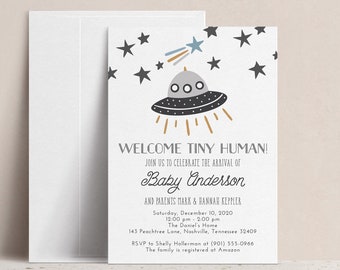 Welcome Tiny Human! Baby Shower Invitation, Space Alien Theme Couples Baby Shower Invitation, Gender Neutral Baby Shower Invitation, Digital