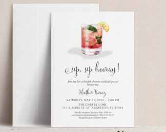 Sip Sip Hooray Cocktail Bridal Shower Invitation, Happy Hour Couples Wedding Shower Invite, Cheers to Love Drinks for Bachelorette Party