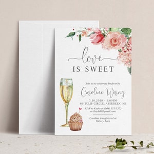 Love is Sweet Bridal Shower Invitation, Champagne and Cupcake Couples Wedding Shower Invite, Engagement Party, Rehearsal Dinner Invitation