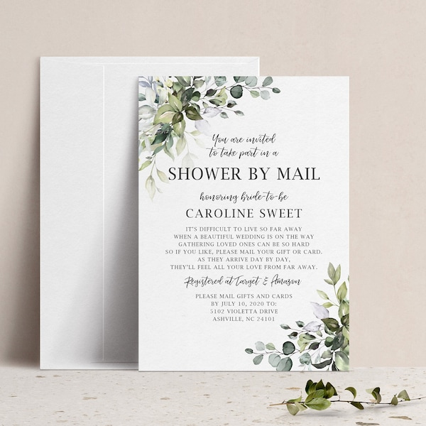 Greenery Bridal Shower By Mail Invitation, Long Distance Bridal Shower Invitation, Across the Miles, Virtual Online Bridal Shower Invite