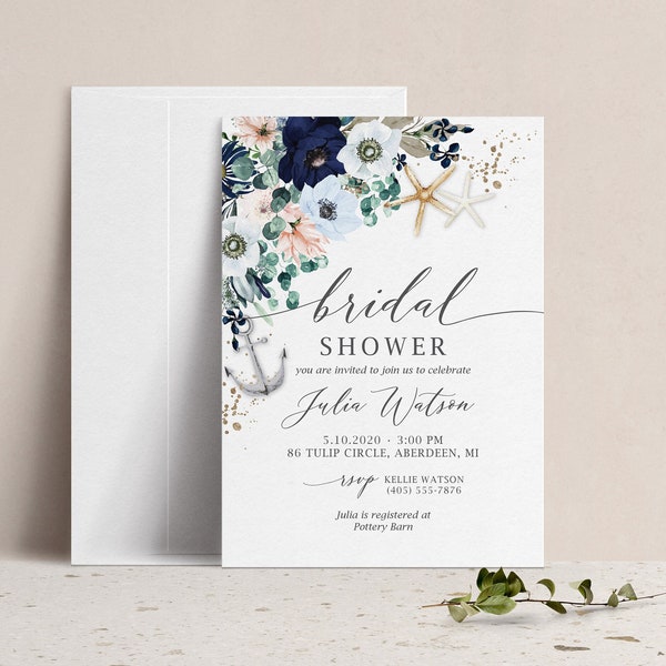 Floral Nautical Bridal Shower Invitation, Navy Blue Anemone and Anchor Wedding Shower Invite, Anchored in Love, Couples Brunch and Bubbly