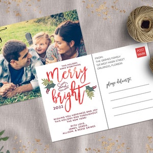 Printed Merry & Bright Photo Card Postcard, Modern Christmas Photograph Post card, Family or Couples Holiday Card, Holly Berry and Greenery