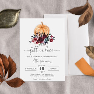 Fall in Love Bridal Shower Invitation, Autumn or Fall Floral Bridal Shower Invitation, Couples Wedding Shower, Invitation with Pumpkin