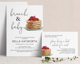 Brunch & Baby Pancake Shower Invitation with Book Instead of Card, Fruit Waffle Breakfast Baby Sprinkle Invite, Gender Neutral Co-Ed Couples