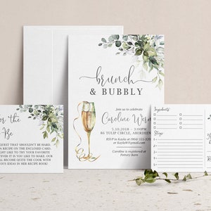 Brunch & Bubbly Bridal Shower Invitation with Insert Card and Recipe Card, Recipes for the Bride to Be, Greenery Kitchen Shower Invitation
