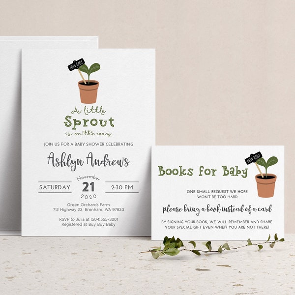 A Little Sprout Baby Shower Invitation with Book Instead of Card Insert, Couples Shower Invite, Neutral Vegetable Gardening Baby Sprinkle