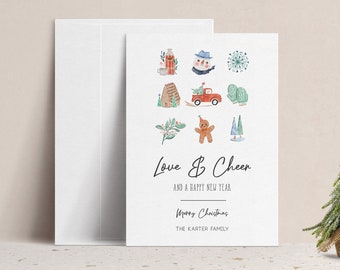Printed or Printable Love & Cheer and a Happy New Year Non-Photo Card with Envelope, Winter Icons Family Christmas Card without Photograph