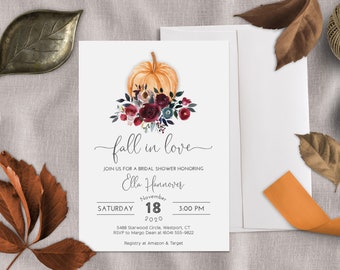 Fall in Love Bridal Shower Invitation, Autumn or Fall Floral Bridal Shower Invitation, Couples Wedding Shower, Invitation with Pumpkin