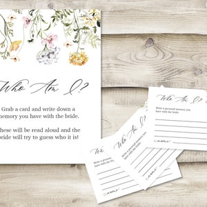 Printed Who Am I? Share a Memory with the Bride Sign with 3.5x5 inch Cards, Wildflower Lavender Bridal Shower Game, Guess Who Owns the Story