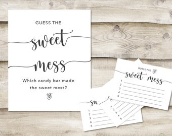 Printed Guess the Sweet Mess Sign with 3.5x5 inch Cards, Baby Shower or Sprinkle Diaper Candy Bar Guess Game, Simple Minimal, Couples Shower