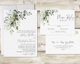 Watercolor Wedding Invitation & RSVP Postcard, Greenery Wedding Invitation, Watercolor Wedding Invite, Customized Dusty Blue Sage Green