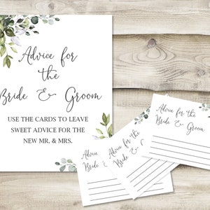 Printed Advice for the Bride & Groom Sign with 3.5x5 inch Cards, Bridal Shower or Wedding Shower Game, Wedding Guest Book Option, Greenery