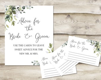 Printed Advice for the Bride & Groom Sign with 3.5x5 inch Cards, Bridal Shower or Wedding Shower Game, Wedding Guest Book Option, Greenery