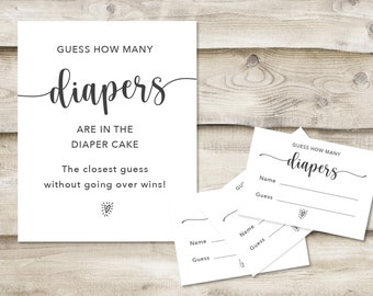 Printed Guess How Many Diapers are in the Diaper Cake Sign with 3.5x5 inch Cards, Baby Shower or Sprinkle Game, Simple Minimal, Couples