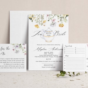 Tea with the Bride Shower Invitation with Recipe Card & Insert Card, Lavender Wildflower Wedding Shower Invite, Botanical Garden Kitchen