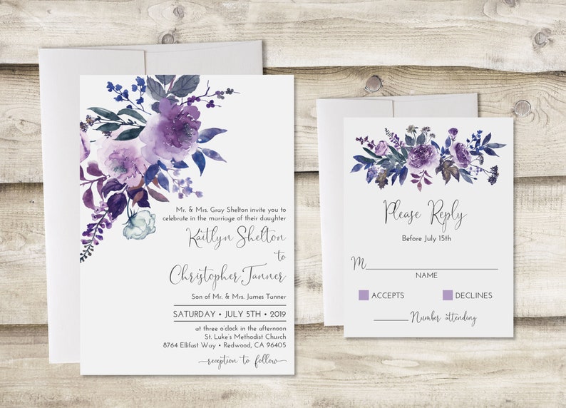 The Floral Watercolor Wedding Invitation and RSVP Set, Purple Wedding Invitation, Watercolor Wedding Invite, Customized Wedding Invite image 1
