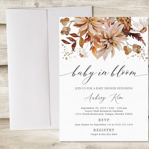 Autumn Baby in Bloom Shower Invitation, Fall Floral Baby Sprinkle Invite, Couples Rustic Gender Neutral Baby Invite, October, November