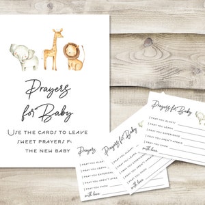 Printed Prayers for Baby Sign with 3.5x5 inch Cards, Baby Shower Wishes for New Child, Safari Animals Sign for New Parents at Baby Sprinkle