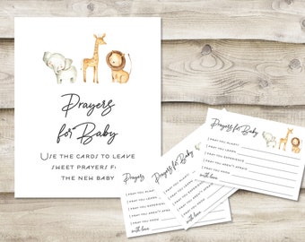 Printed Prayers for Baby Sign with 3.5x5 inch Cards, Baby Shower Wishes for New Child, Safari Animals Sign for New Parents at Baby Sprinkle