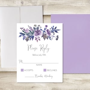 The Floral Watercolor Wedding Invitation and RSVP Set, Purple Wedding Invitation, Watercolor Wedding Invite, Customized Wedding Invite image 3