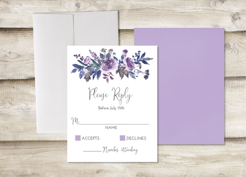 The Floral Watercolor Wedding Invitation and RSVP Set, Purple Wedding Invitation, Watercolor Wedding Invite, Customized Wedding Invite image 3