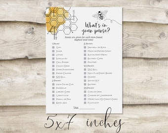 Printed What's in Your Purse Shower Game Card, Bridal or Wedding Shower Game, Baby Shower Sprinkle Game for Guests, Honey Bee Simple Game