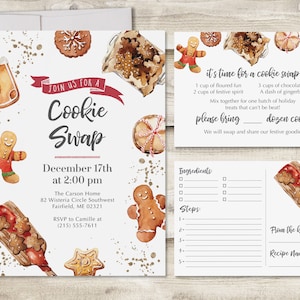 Cookie Swap Holiday Party Invitation with Instruction Card and Recipe Card, Festive Christmas Cookie Invite, Neighborhood Block Party