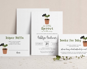 A Little Sprout on the Way Baby Shower Invitation with Book Instead of Card Insert and Diaper Raffle Card, Couples Shower Vegetable Garden