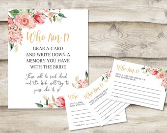 Printed Who Am I? Share a Memory with the Bride Sign with 3.5x5 inch Cards, Bridal Shower Game for Guests, Guess Who Owns Each Shared Story