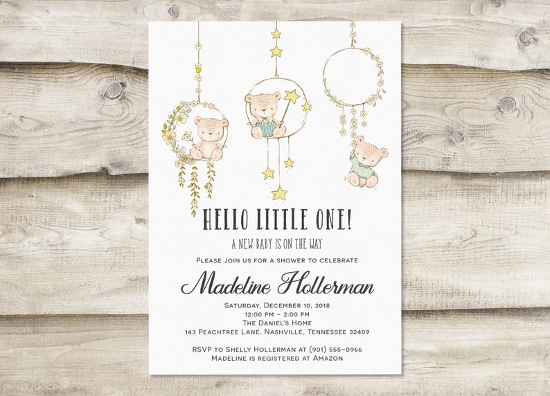 Baby Shower Invitation and Diaper Raffle Insert Card Baby Teddy Bear Hello Little One Gender Neutral Couples Invitation Unisex Shower