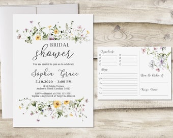 Lavender Wildflower Bridal Shower Recipe Card Invitation, Greenery Floral Wedding Shower Invite, Botanical Garden Recipe Cards for Kitchen
