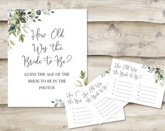 Printed How Old Was the Bride-to-Be? Sign with 3.5x5 inch Cards, Bridal Shower or Wedding Shower Game, Guess the Age of the Bride in Photos