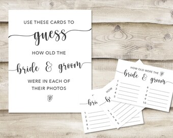 Printed How Old Were the Bride & Groom? Sign with 3.5x5 inch Cards, Bridal or Wedding Shower Game, Guess the Age of the Couple in Photos