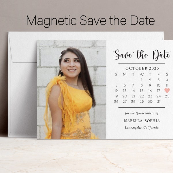 Printed Magnetic Quinceañera Save the Date with Envelope, Calendar Save the Date for 15th Birthday with Photograph, Pink Festive Unique Card