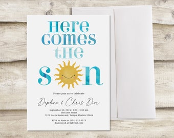 Here Comes the Son Baby Shower Invitation, Couples Co-Ed Shower Invitation, Gender Neutral Sun Sunshine Outdoor Baby Boy Sprinkle Invite
