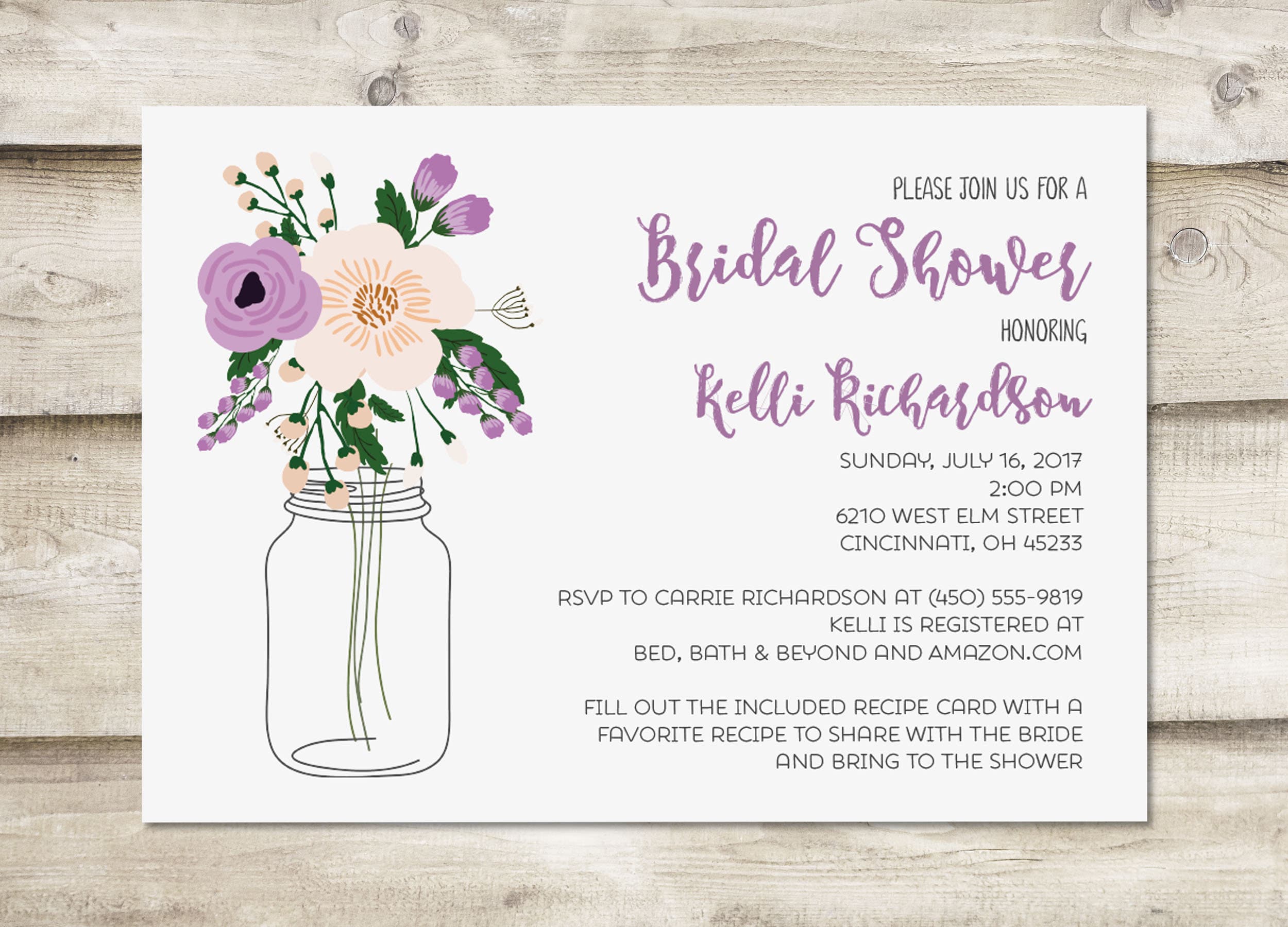Bridal Shower Recipe Card Invitation Lavender Flowers with Etsy