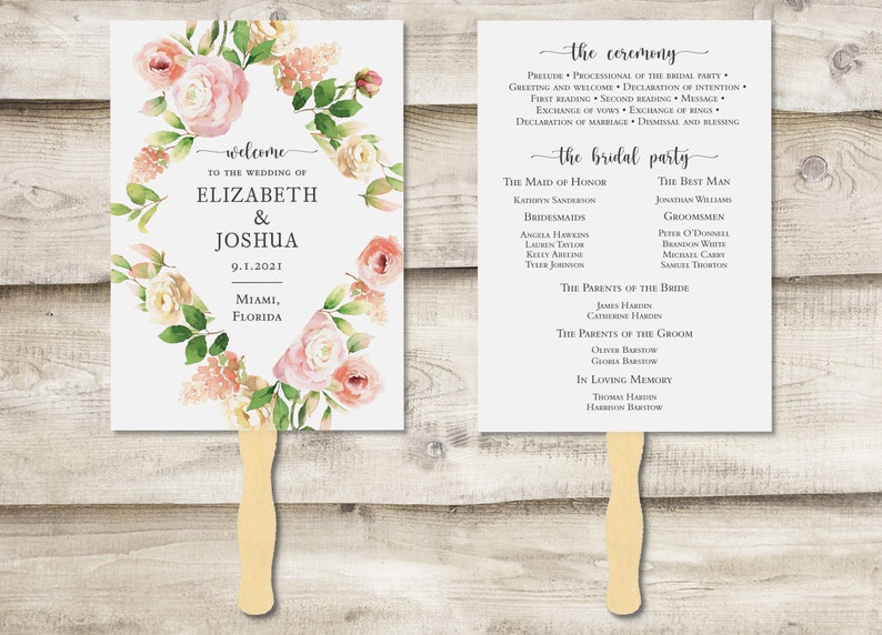 Pink Peony and Rose Wedding Hand Fan with Ceremony and Bridal Party on Back, Spring Floral Wedding Fan Program, Program for Outdoor Wedding image 1