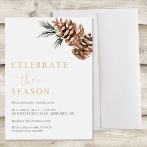 Celebrate the Season Holiday Party Invitation, Christmas Greenery and Gold Floral Invite, Seasonal Holiday Dinner with Family and Friends