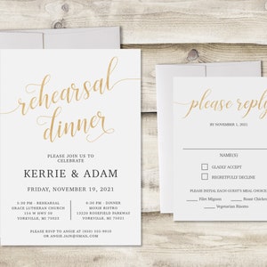 Simple and Modern Rehearsal Dinner Invitation with RSVP Card, Wedding Rehearsal Dinner Invite with Gold Lettering, Elegant Wedding Dinner