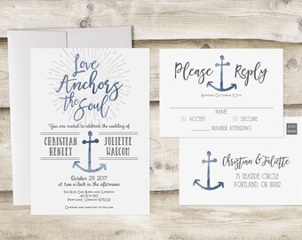 The Love Anchors the Soul Wedding Invitation and Postcard RSVP, Nautical Wedding Invite, Customized Personalized Anchor Ocean Beach Wedding