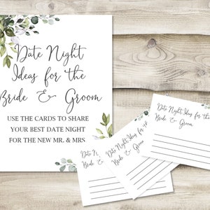 Printed Date Night Ideas for the Bride & Groom Sign with 3.5x5 inch Cards, Bridal Shower or Wedding Shower Game, Wedding Guest Book Option