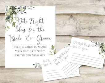 Printed Date Night Ideas for the Bride & Groom Sign with 3.5x5 inch Cards, Bridal Shower or Wedding Shower Game, Wedding Guest Book Option