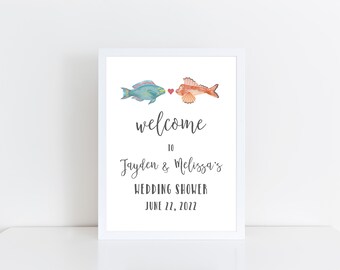 Printed Welcome Card Stock Sign for Bridal Shower (FRAME NOT INCLUDED), Welcome to Wedding Shower, Kissing Fish, Best Catch Signage