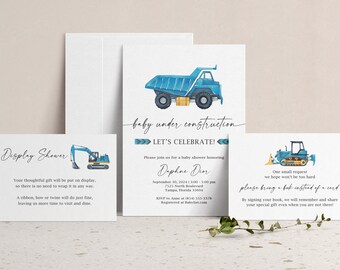 Baby Under Construction! Shower Invitation with Book Instead of Card & Display Shower Inserts, Couples Co-Ed Sprinkle Invite, Dump Truck